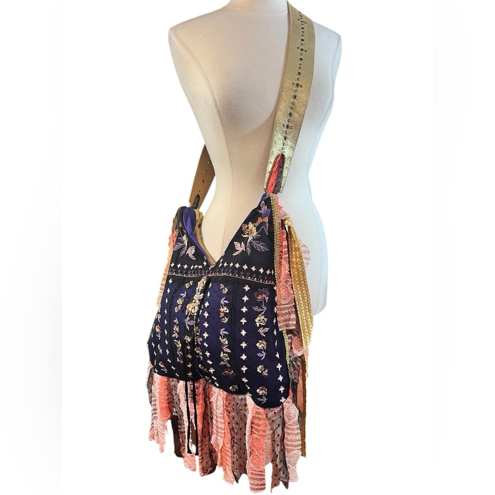 Bohemian Black fringe & Orange Lace Crossbody Bag Multi color embroidered detail